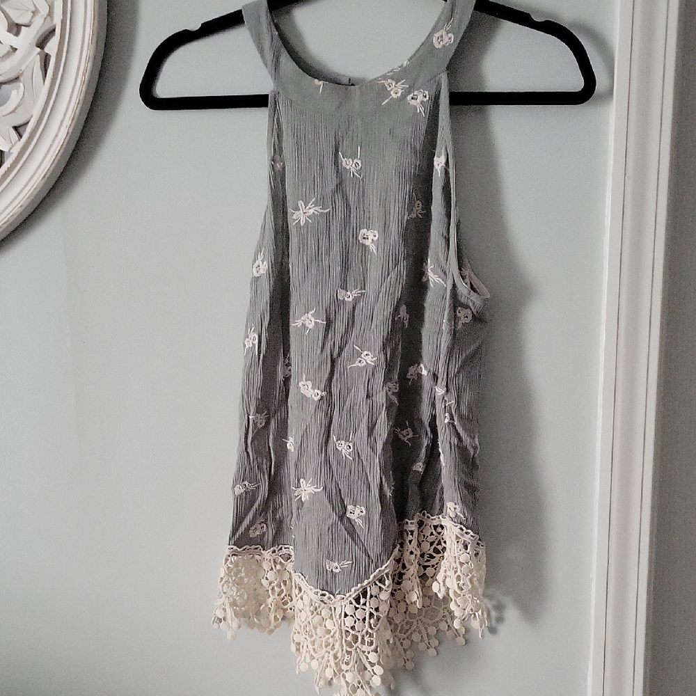 Kaileigh Green  Embroidered Tank Top with Lace Hem